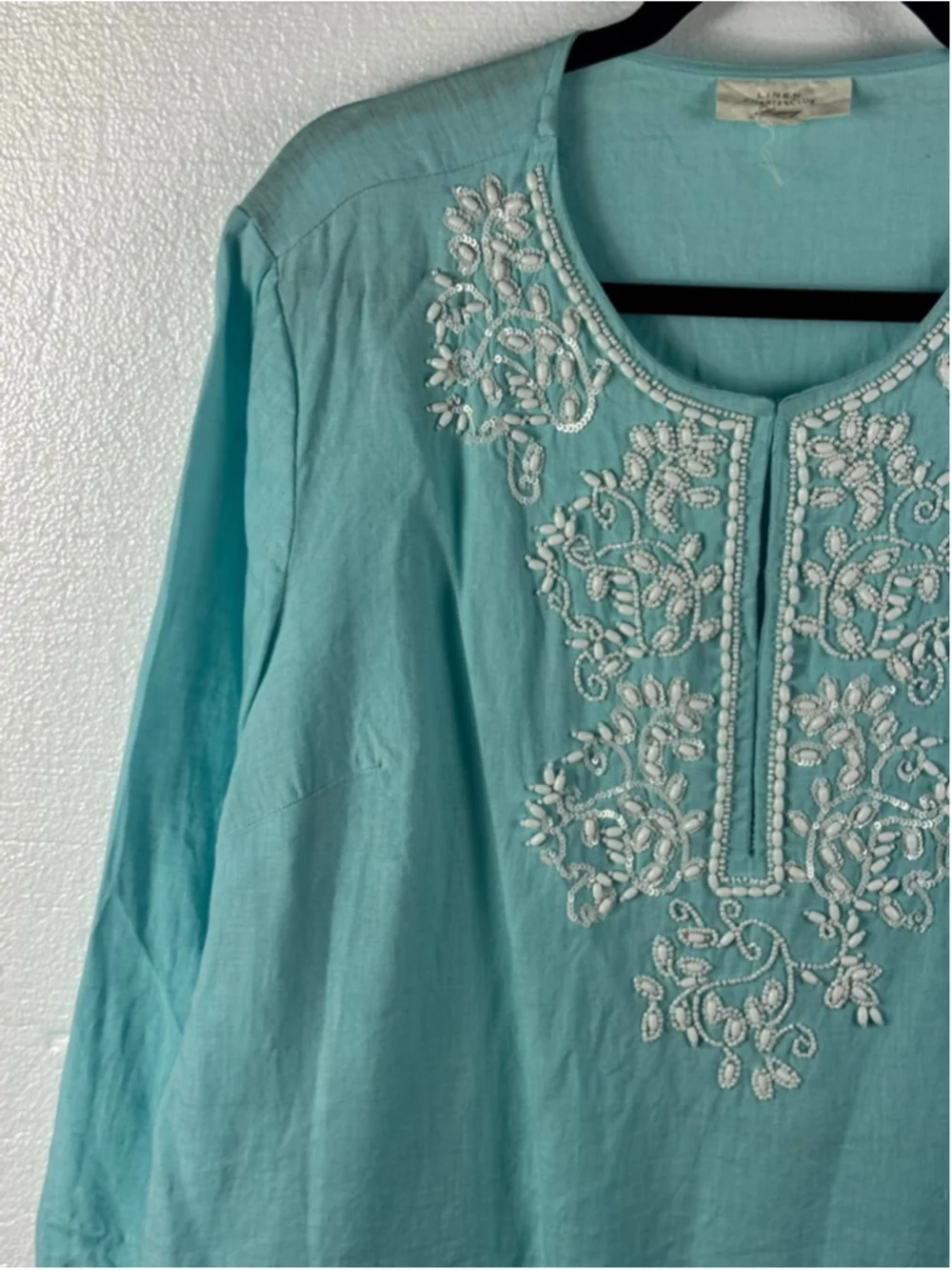 Charter Club aqua blue linen embroidered tunic top - Picture 5 of 9
